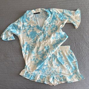 Nasty Gal Sating Blue and White Floral Pajama Set